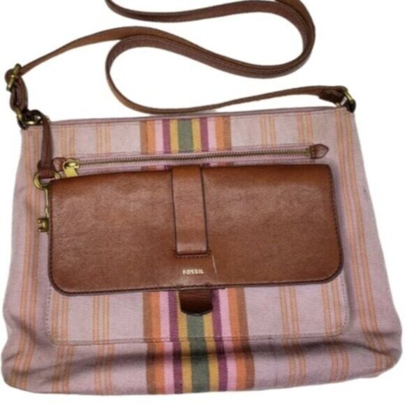 Fossil Kinley Crossbody Bag Cotton Leather Multicolor Stripes Key Charm - Picture 1 of 16